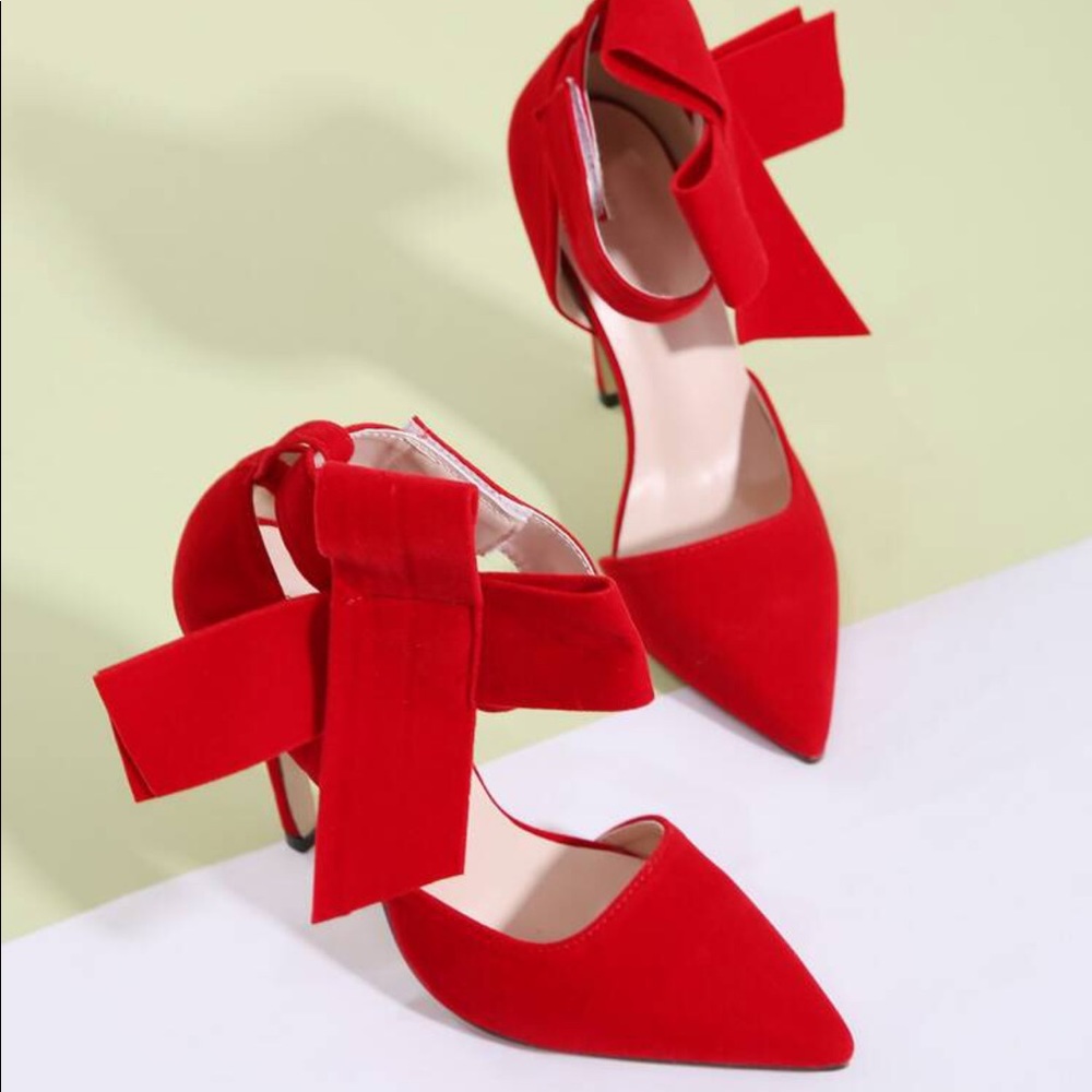 Sold! NEW MMJoly 💋 Red Suede Bow Stilettos - Picture 4 of 9